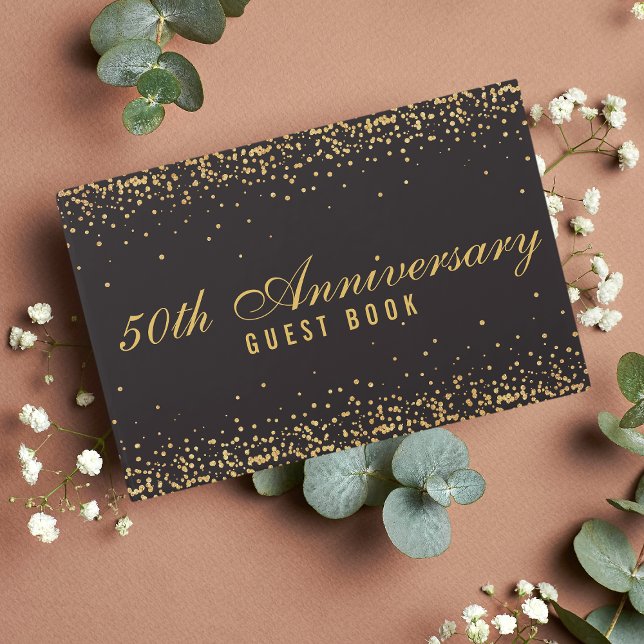 50th Anniversary Black Gold Confetti Elegant Guest Book (Creator Uploaded)