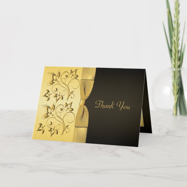 50th Anniversary Black, Gold Floral Thank You Card (Front)