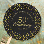 50th Anniversary Black Gold Love Hearts Confetti  Paper Plate<br><div class="desc">Featuring chic gold love hearts confetti on a black background. Personalise with your special fifty years golden wedding anniversary details in modern elegant gold lettering. Designed by Thisisnotme©</div>