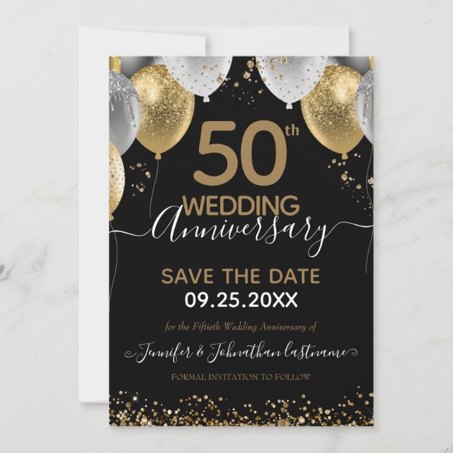 50th Anniversary Black Gold Save the Date  Invitation (Front)