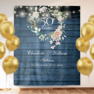 50th Anniversary Blue Rustic Floral Photo Backdrop Tapestry