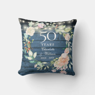 50th Anniversary Blue Rustic Floral String Lights Cushion