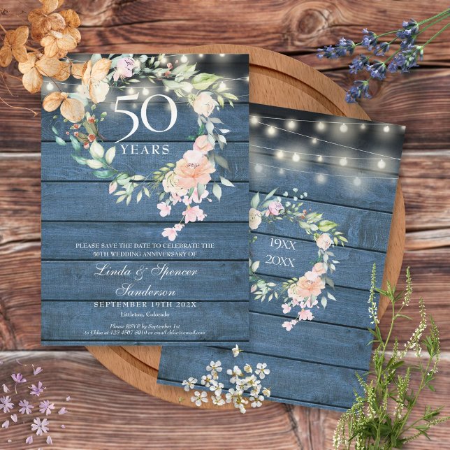 50th Anniversary Blue Rustic Floral String Lights Save The Date (Creator Uploaded)