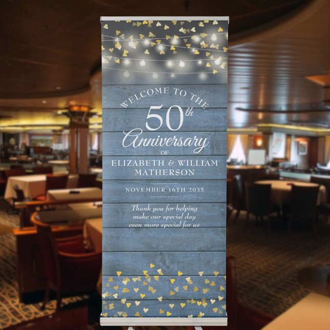 50th Anniversary Blue Rustic Gold Hearts Welcome Retractable Banner (50th Anniversary Blue Rustic Gold Hearts Welcome Retractable Banner)