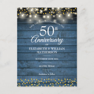 50th Anniversary Blue Rustic Wood Save the Date Announcement Postcard