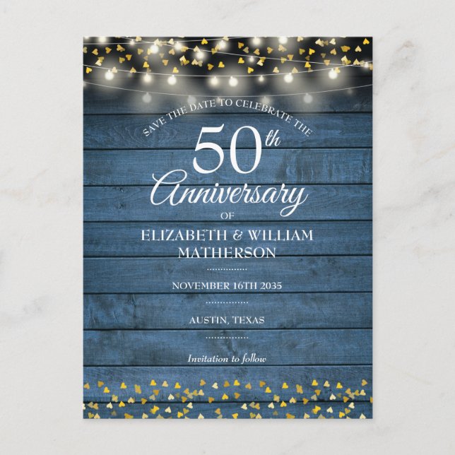 50th Anniversary Blue Rustic Wood Save the Date Announcement Postcard (Front)