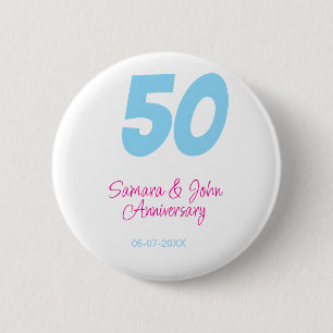 50th anniversary bold blue pink name date elegant  6 cm round badge