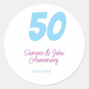 50th anniversary bold blue pink name date elegant classic round sticker