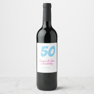 50th anniversary bold blue pink name date elegant wine label
