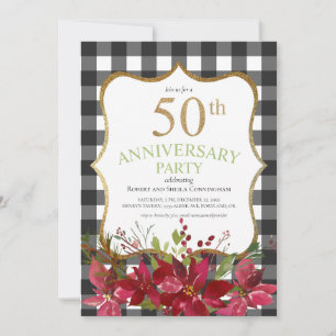 50th Anniversary Buffalo Plaid Red Floral Party Invitation
