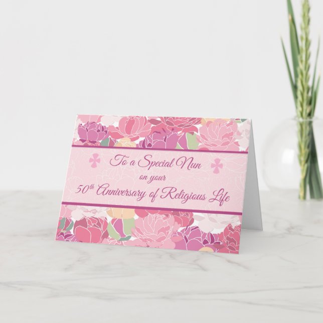 50th Anniversary Catholic Nun Peonies Flowers, Pin Card (Front)