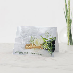 50th Anniversary Champagne Bottle, Pearls and Rose Card