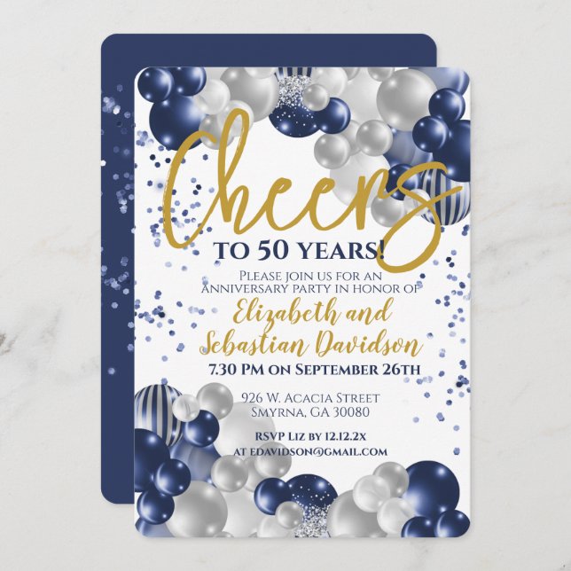 50th Anniversary Cheers to 50 Years Navy Gold Invitation (Front/Back)