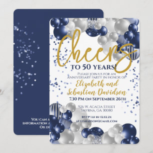 50th Anniversary Cheers to 50 Years Navy Gold Invitation