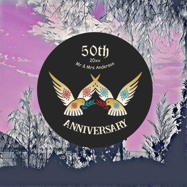 50th Anniversary Couple Decorative Art Love Birds Classic Round Sticker (50th Anniversary Couple Decorative Art Love Birds Classic Round Sticker)