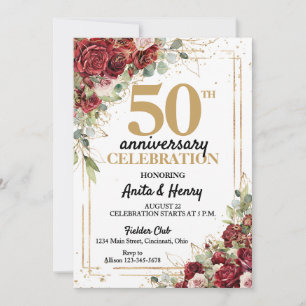 50th Anniversary Deep Red & Gold Frame Roses Invitation