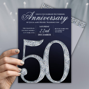 50th Anniversary Diamond Silver Navy Blue Modern Invitation