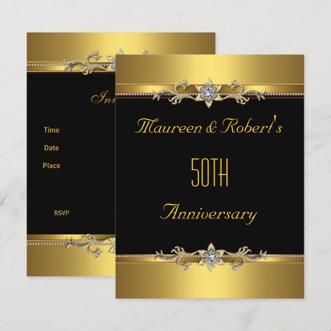 50th Anniversary Elegant Black gold Invitation (Front/Back)