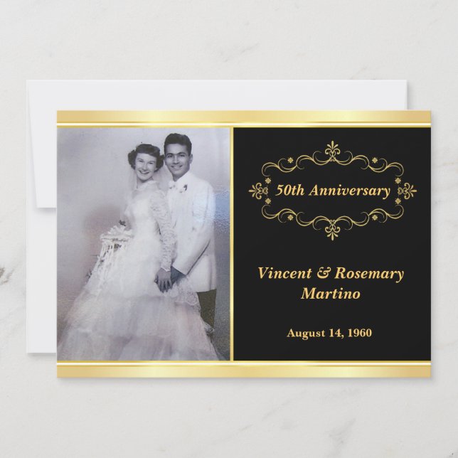 50th Anniversary Elegant Black Gold Photo Invite (Front)