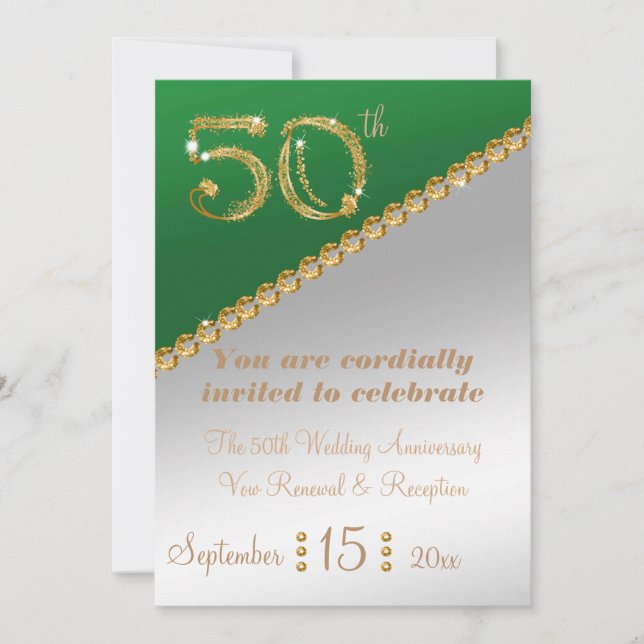 50th Anniversary elegant gold nugget & Green Invit Invitation (Front)