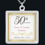 50th Anniversary Elegant Keepsake Pendant<br><div class="desc">50th Anniversary Keepsake Necklace -- Elegant Golden 50th Wedding Anniversary Pendant with formal script and scrolled antique design -- Customise the names and date for your happy celebration. Perfect gift for your wife, mother, grandmother to commemorate 50 Golden Years together. Matching cards, invitations, postage and gifts available. Other styles and...</div>