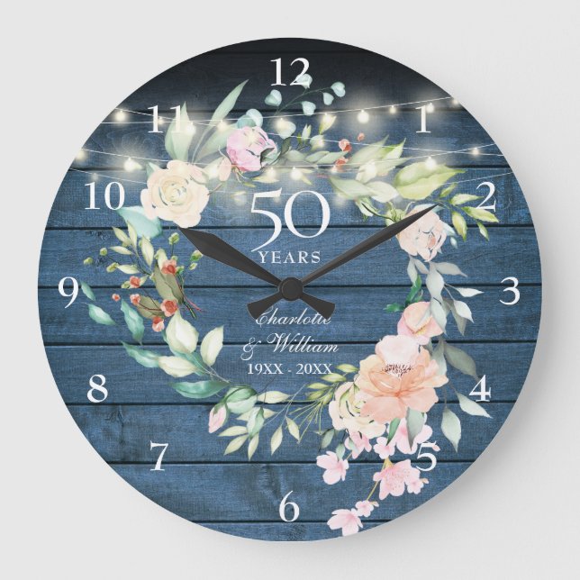 50th Anniversary Floral Blue Rustic String Lights Large Clock (Front)