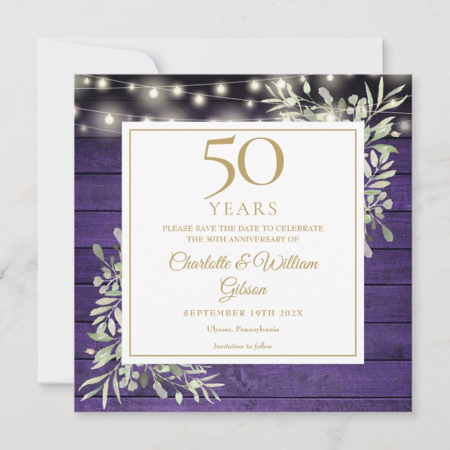 50th Anniversary Floral Purple Wood Lights Square Save The Date (Front)