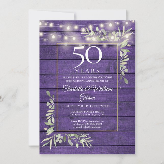 50th Anniversary Floral String Lights Purple Wood  Invitation (Front)