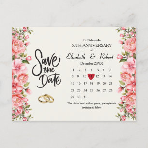 50th Anniversary Floral The Date Calendar Announcement Postcard