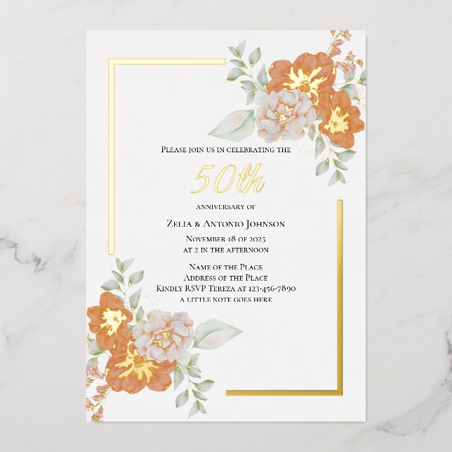 50th Anniversary Floral Wreath Foil Invitation (Front)