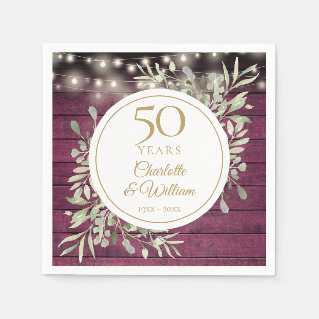 50th Anniversary Foliage Red Wood String Lights Napkin (Front)