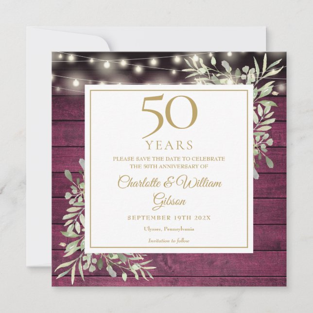 50th Anniversary Foliage Rustic Red Wood Lights Save The Date (Front)
