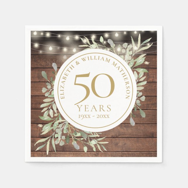 50th Anniversary Foliage Rustic Wood String Lights Napkin (Front)