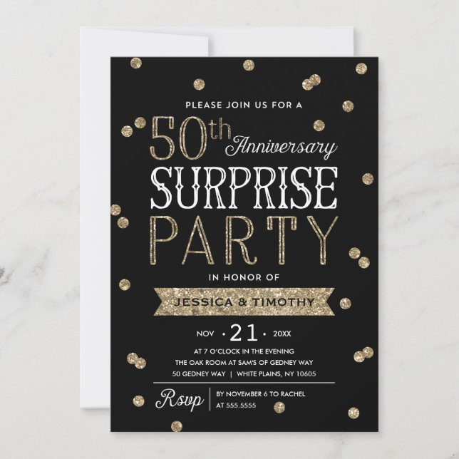 50th Anniversary Glitter Confetti Surprise Party Invitation (Front)