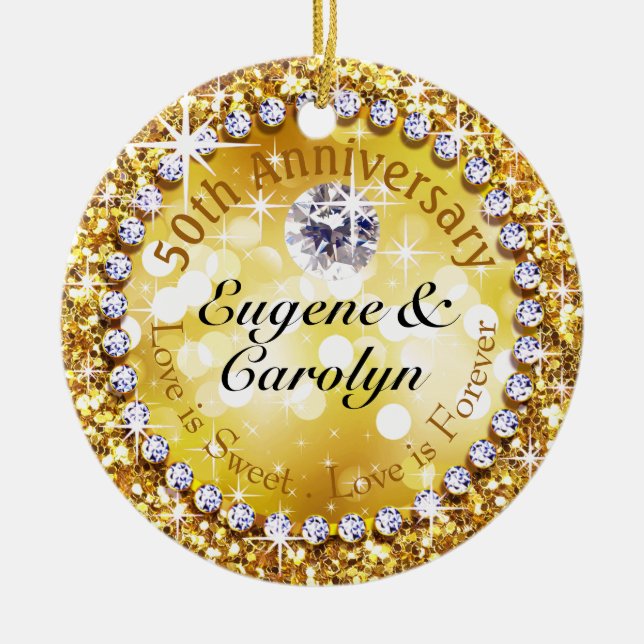 50th Anniversary Glitzy Diamond Bling | gold Ceramic Tree Decoration (Front)