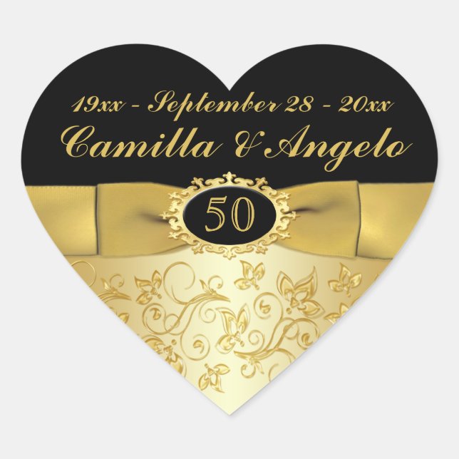 50th Anniversary Gold and Black 1.5" Heart Sticker (Front)