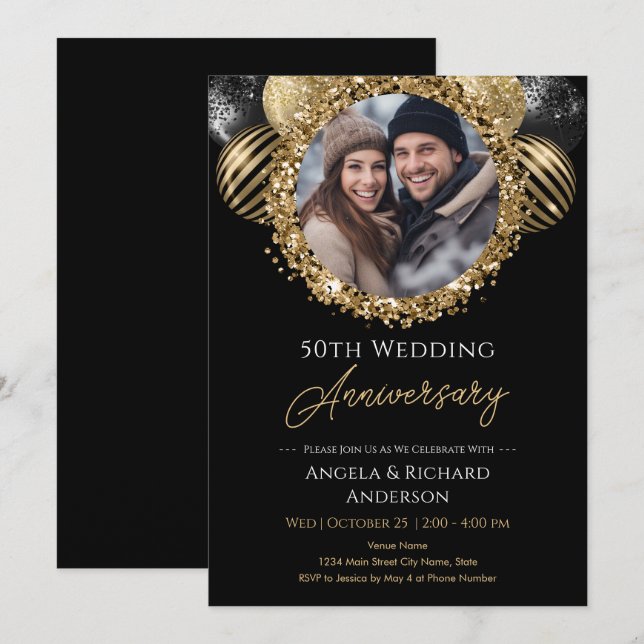 50th Anniversary Gold and Black Glitter Photo Invitation (Front/Back)