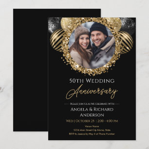 50th Anniversary Gold and Black Glitter Photo Invitation