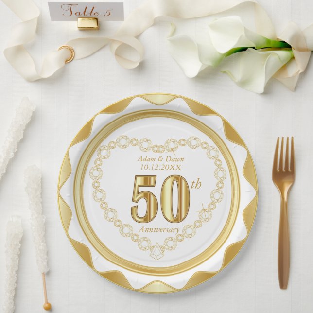 50th Anniversary - Gold and White Paper Plate (Wedding)