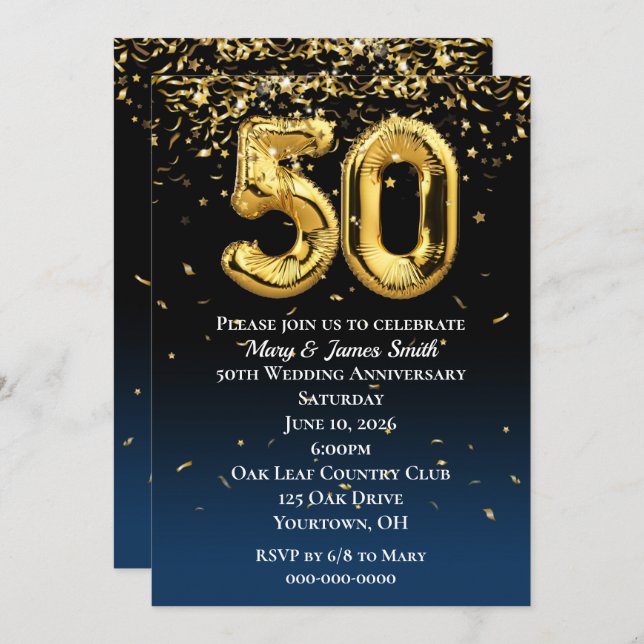 50th Anniversary Gold Balloons and Confetti Invitation (Front/Back)
