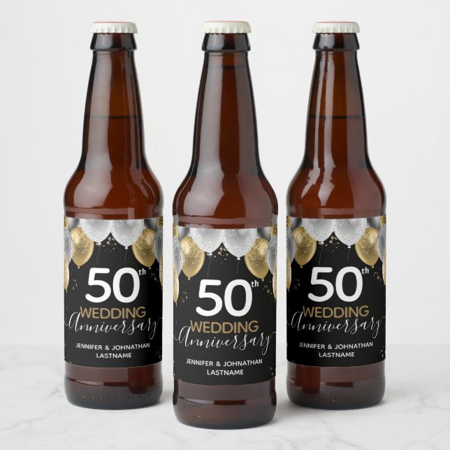 50th Anniversary Gold Balloons Beer Bottle Label (Bottles)
