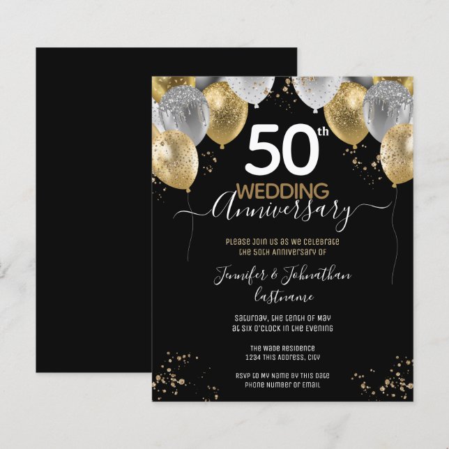 50th Anniversary Gold Balloons Budget Invitations (Front/Back)