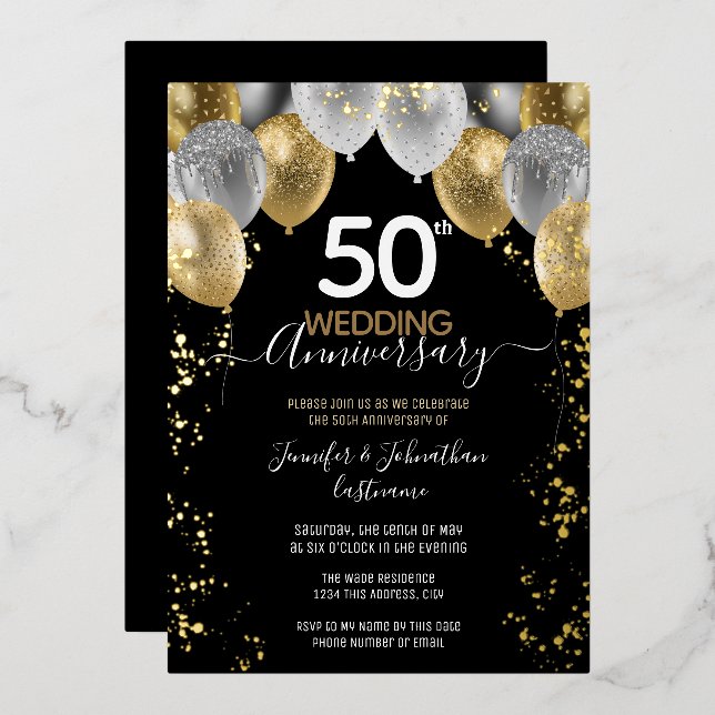 50th Anniversary Gold Balloons Invitations (Front/Back)