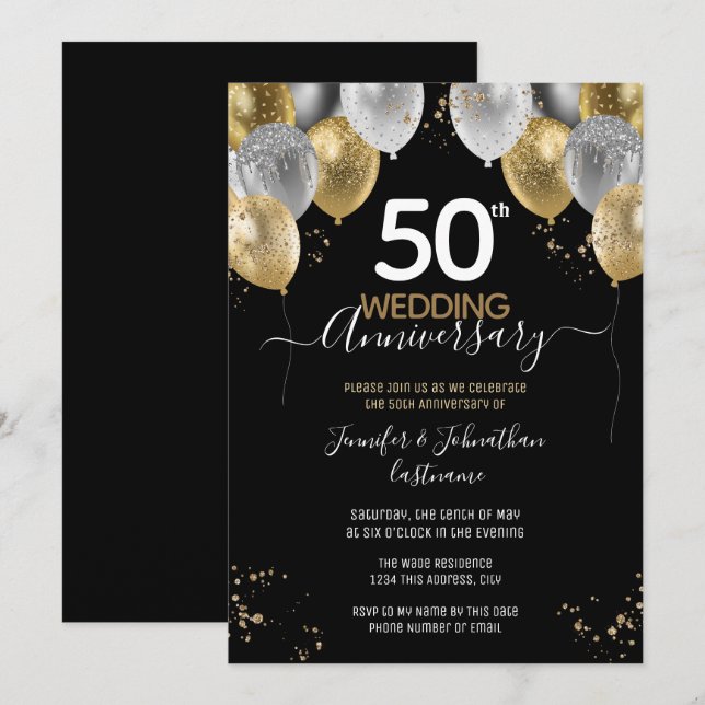 50th Anniversary Gold Balloons Invitations (Front/Back)