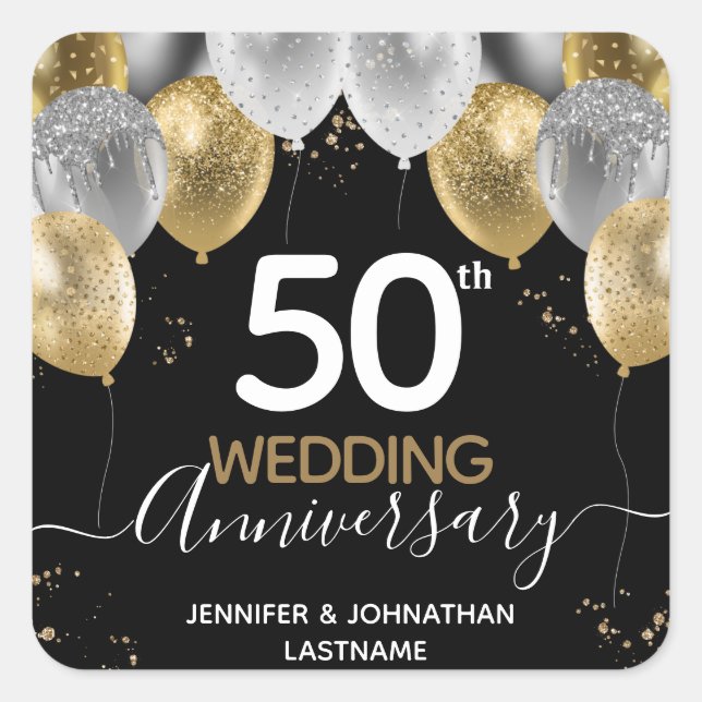 50th Anniversary Gold Balloons Square Sticker (Front)