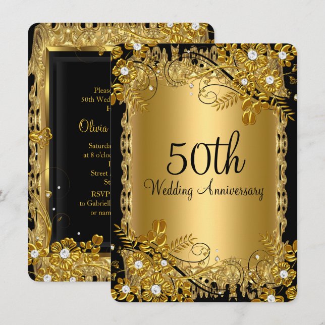 50th Anniversary Gold Black Diamond Floral Swirl Invitation (Front/Back)