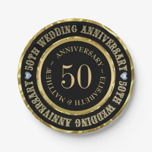 50th Anniversary Gold & Black White Diamonds Dinne Paper Plate