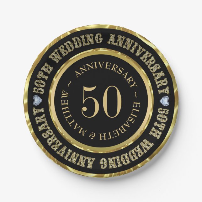 50th Anniversary Gold & Black White Diamonds Dinne Paper Plate (Front)