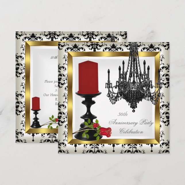 50th Anniversary Gold Chandelier Red Rose Candle Invitation (Front/Back)