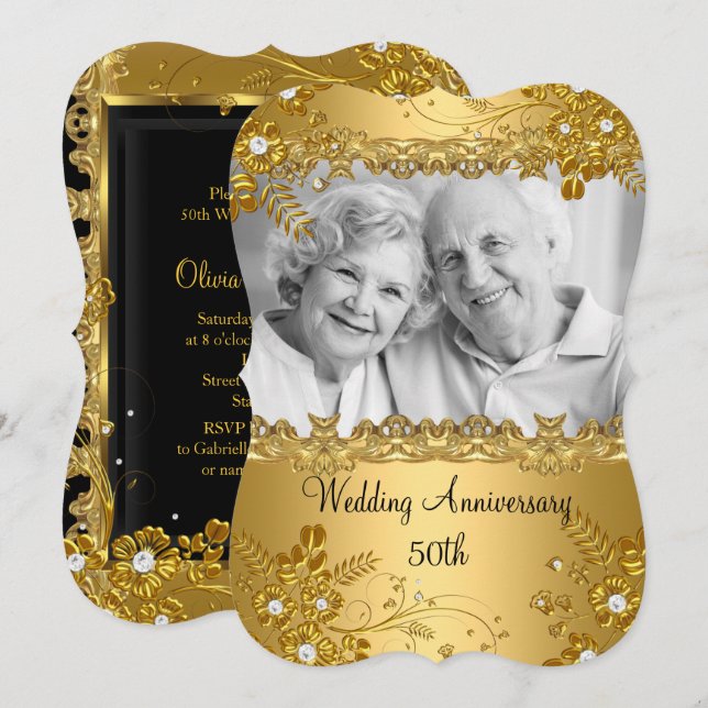 50th Anniversary Gold Diamond Floral Photo Invitation (Front/Back)